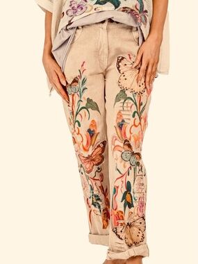 Embroidered Butterfly Floral Beige Linen Blend Pants